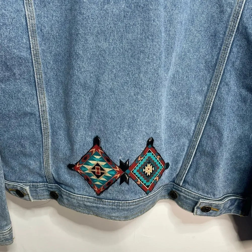 Vintage Sunbelt Aztec Denim Western Fringe Button‎ Front Jacket Medium